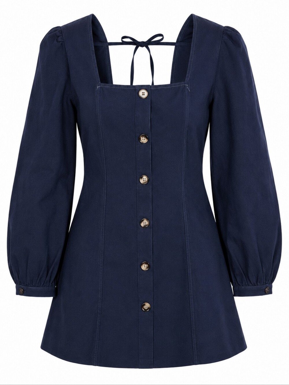 NWT D.ARK Blue Cotton Square Neck Puff Sleeve Button Front Mini Dress S Western